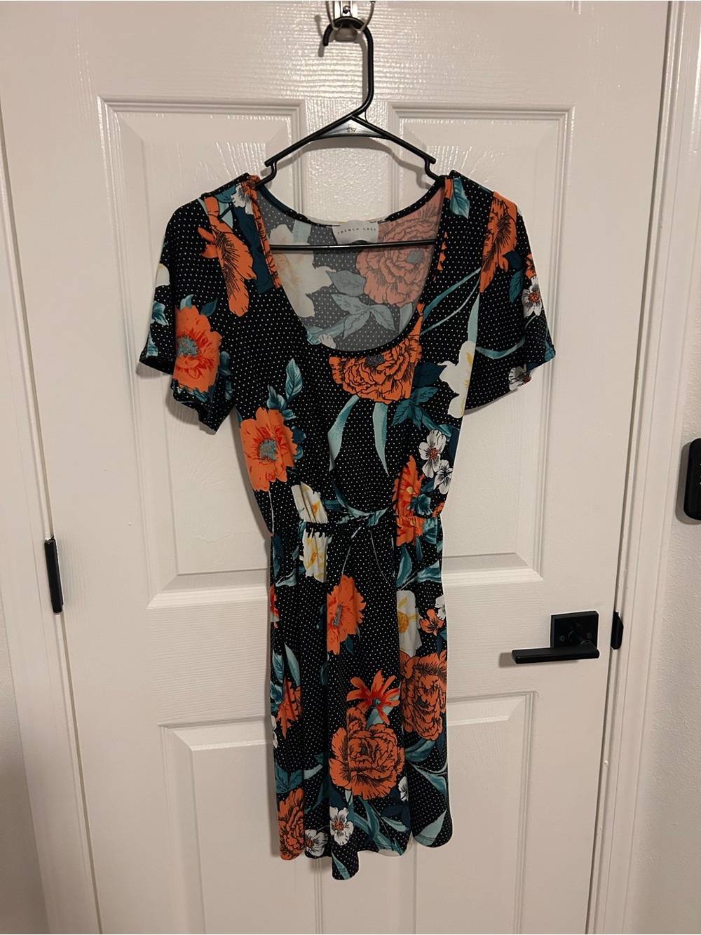 French Grey Blue Mini Dress with Orange Floral Print & Polka Dots